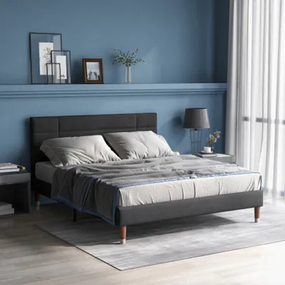 Produktbild von Polsterbett, Doppelbett mit Lattenrost, 140x200cm gepolsteres Bettgestell mit Kopfteil, in Dunkelgrau Leinen, für Erwachsene&Jugendliche