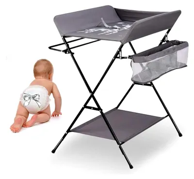 Produktbild von Faltbare Wickelkommode für Babys, mobiler Wickeltisch mit Sicherheitsgurt und Aufbewahrungsfächern, ergonomisches Design (grau)
