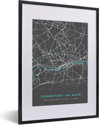 Produktbild von MuchoWow® Gerahmtes Poster Stadtplan - Deutschland - Blau - Frankfurt am Main - Karte 30x40 cm - Poster mit Schwarzem Bilderrahmen Wandposter Rahmen Foto Bilder - Wandposter Schlafzimmer