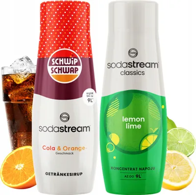 Immagine prodotto di Set da 2 bottiglie Sodastream Shwip Shwap Cola Arancia + sciroppo Limone-Lime