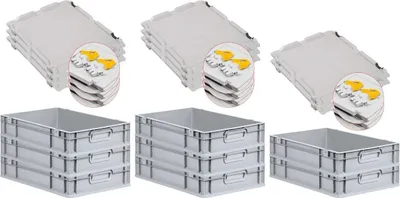 Produktbild von SuperSparSet 8x Eurobox NextGen Grip mit Scharnierdeckel und gelben Schiebeschnappverschlüssen | HxBxT 12x40x60cm | 23 Liter | Grau | Griffe geschlossen | Glatter Boden | Eurobehälter, Transportbox, Transportbehälter, Stapelbehälter
