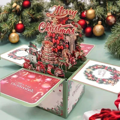 Produktbild von Pop-Up Weihnachtskarte, 3D Weihnachtskarte mit Weihnachtsbaum und Schneemann, Pop up Weihnachten Klappkarte mit umschlag, Chrismas Geschenkkarte