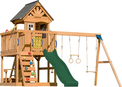 Produktbild von AXI Jack Spielturm aus Holz in Braun mit Doppelschaukel | Spielplatz für Kinder mit grüner Rutsche, Schaukel, Trapez, Kletterwand, Picknicktisch &
