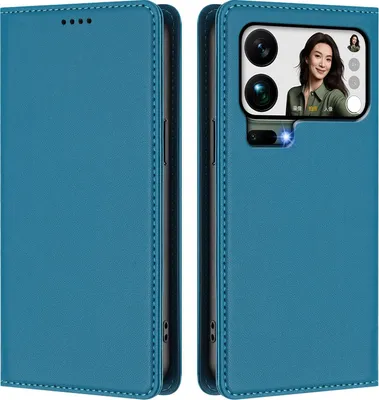 Image de Étui en cuir pour Xiaomi 17 Pro Max, étui à rabat magnétique en cuirPolyuréthaneavec support, bleu lac