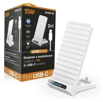Obrázek produktu pro Stojánek s bezdrátovým nabíjením 15W a USB-C konektorem, 2v1, bílý Aligator