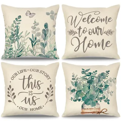 Produktbild von Kissenbezüge 45x45 cm Eukalyptus Blätter Blumen 4er Set Baumwoll-Leinen Frühling Zierkissenbezug