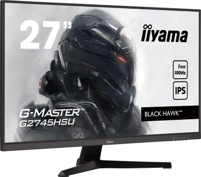 A product shot of a computer monitor with marketing text and graphics.