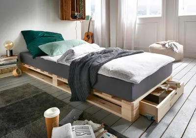 Produktbild von Palettenbett mit Schubkasten 90x200cm 'Finja' Kiefer massiv unbehandelt