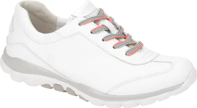 A white leather sneaker with multicolor laces is shown from the side against a white background.
