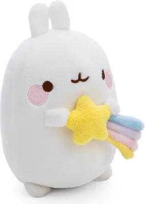 A white plush toy bunny holding a yellow star with a rainbow trail.