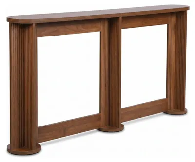 Productafbeelding van SensaHome Japandi console tafel – Bijzetter met geribbelde kolomvoeten – Ovaal tafelblad – 180x20x80 cm – Walnoot