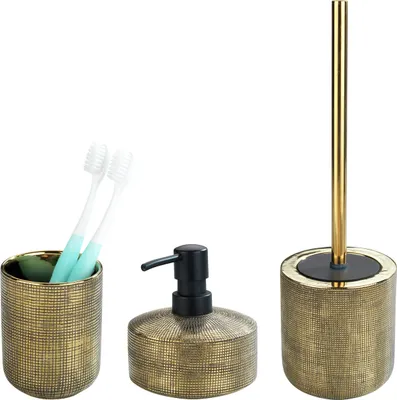 Produktbild von WENKO 3er Set Keramik Bad Accessoires Rivara Garnitur Seifen Spender Zahn Becher