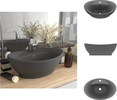Obrázek produktu pro vidaXL umyvadlo s přepadem matné tmavě šedé 58,5x39cm keramické - Koupelnové umyvadlo