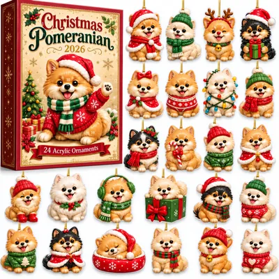 Produktbild von Pomeranian Adventskalender 24 Tage,Weihnachtskalender mit 2D Acryl Christbaumschmuck,Weihnachtsdeko Ornamente für Hundeliebhaber,Kinder