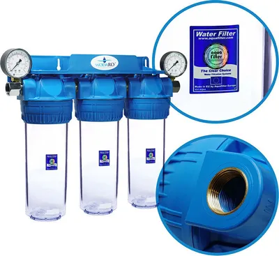 A three-stage whole house water filtration system with pressure gauges and clear filter housings.