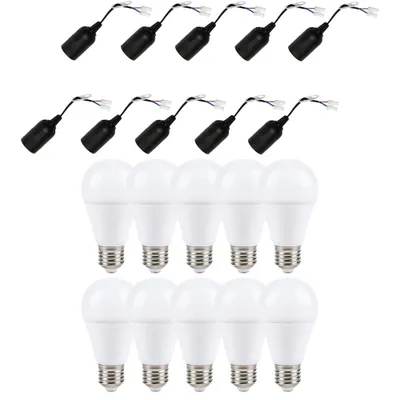 Produktbild von 10 x LED Leuchtmittel A60 9W = 60W E27 matt 810lm warmweiß + 10 x Baufassung Lampenfassung Renovierfassung E27 schwarz mit Steckklemme