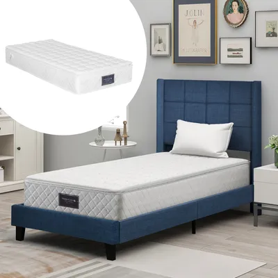 Produktbild von Flieks Polsterbett mit Matratze, Einzelbett Holzbett 90x200cm mit Lattenrost und Kopfteil, Jugendbett 90x200cm mit Matratze, Leinenbezug, Blau