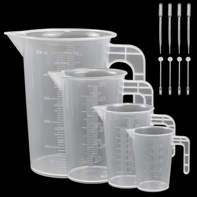 Productafbeelding van Meetbekerset kunststof, 50/100/250/500 ml, transparant, met handgreep en schaal, inclusief pipet en roerstaaf