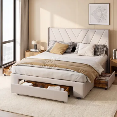 Produktbild von INONEFT Polsterbett 160x200cm mit 3 Schubladen, Jugendbett Stauraumbett mit Lattenrost, Funktionsbett Doppelbett, Leinen, Beige