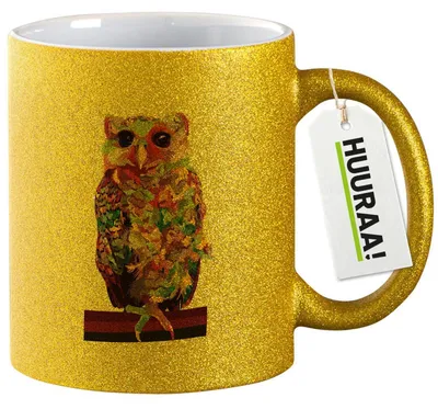 Produktbild von Huuraa Glitzertasse Eule Colorful 330ml Gold Keramik Kaffeebecher Geschenkidee