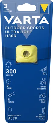 Obrázek produktu pro Varta OUTDOOR SPORTS ULTRALIGHT H30R, Čelovka, Limetka, Nabíjecí, IPX4, LED, 3 W