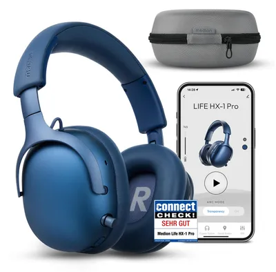 Produktbild von MEDION Over Ear Kopfhörer HX-1 Pro (kabellos, Hybrid Active Noise Cancelling ANC, Bluetooth 6.0, Wireless,  7+1 EQ Presets, bis zu 190 Stunden Akkulaufzeit, IPX4 Spritzwasserschutz) blau