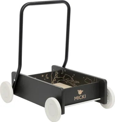 Produktbild von Premium Holz Lauflernwagen schwarz mit bremsbaren Rädern, verstellbarem Griff und eingravierten Details