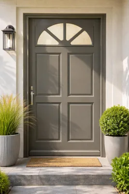 Immagine prodotto di Porta d'ingresso in legno con vetrata Fiacre Grigio Quarzo, H.215xL.90 cm, lato tavolo, a destra, maniglia, cilindro grande, ferramenta