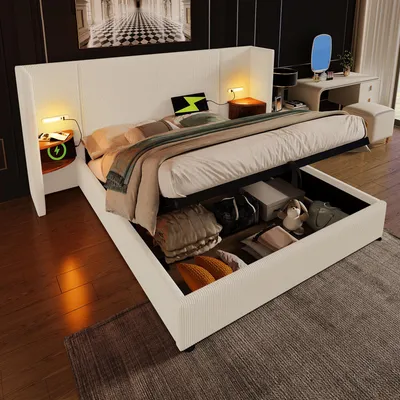 Produktbild von Polsterbett Doppelbett 180×200 cm mit Nachttisch und USB Type-C Ladefunktion, Stauraumbett Bettgestell, Beige-Weiß,Cordstoff(Ohne Matratze)