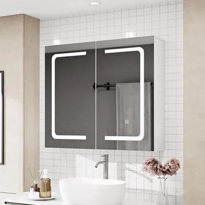 Obrázek produktu pro Skříňka do koupelny se zrcadlem a LED osvětlením – nástěnný model – 80 x 13,5 x 60 cm – bílá