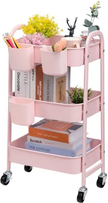 Immagine prodotto di Carrello portaoggetti mobile Unyqoos® – 3 ripiani, metallo, 40x30x70 cm, 4 ruote (2 con freno), 3 portabicchieri, 15 kg per ripiano – Ideale per cucina e ufficio