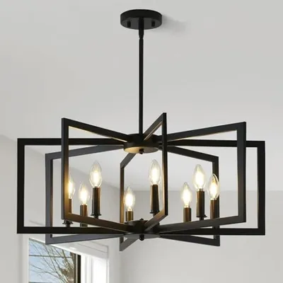 Image de Lustre moderne, lampe suspendue E14 pour table à manger, lustre rustique vintage, suspension en métal pour table à manger, idéale pour salle à manger, salon, hall d'entrée, couloir, avec structure en bois (noir, 8 lumières)