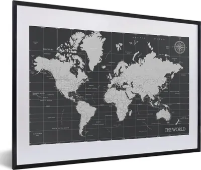 Produktbild von MuchoWow® MuchoWow® Gerahmtes Poster Weltkarte - Schwarz - Weiß - Welt 60x40 cm - Poster mit zchwarzem Bilderrahmen - Schlafzimmer - Plakat in Rahmen - Drucken