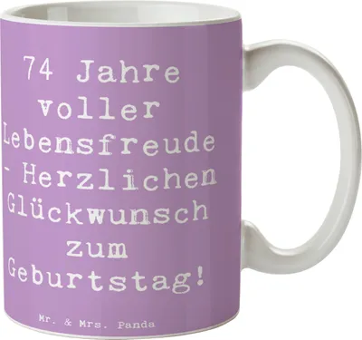 Produktbild von Mr. & Mrs. Panda Kaffeebecher Spruch 74. Geburtstag Lebensfreude - Lavendeltraum - Geschenk, liebevolle Worte, Bedruckte Tasse, Pott, Geburtstagsgeschenk, Glückwünsche
