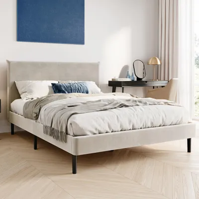 Produktbild von Polsterbett 140x200 und 160x200 cm mit Lattenrost und weichem Bezug, Bettgestell 140x200 cm, Beige, Cordbezug
