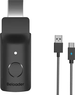 A black controller adapter and a USB-C charging cable are displayed against a white background.
