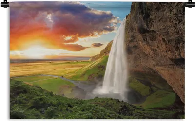 Produktbild von MuchoWow® Wandteppich Wandbehang Wasserfall - Felsen - Sonnenuntergang - Berge - Orange 120x80 cm Tapisserie Dekoration Wandtuch - Wanddekorationen - Wandtücher