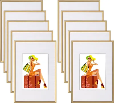 A set of gold-colored picture frames with illustrations of a woman in a summer outfit sitting on a suitcase.