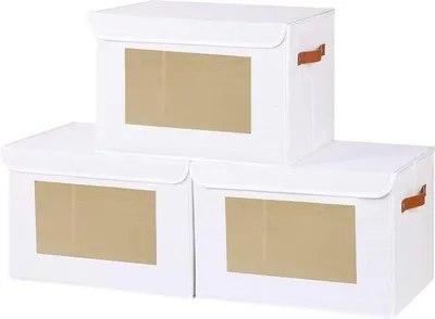 Produktbild von Famanu Aufbewahrungsbox mit Deckel, Organizer, faltbare Stoffboxen mit Sichtfenster, 3 Stück, weiß, 33 x 23 x 20 cm