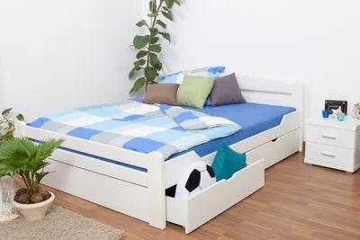 Produktbild von Doppelbett / Funktionsbett "Easy Premium Line" K4 inkl. 2 Schubladen und 1 Abdeckblende, 180 x 200 cm Buche Vollholz massiv weiß lackiert