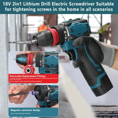 Obrázok produktu pre Elektrická akumulátorová skrutkovač/vŕtačka 2 v 1 – Bezdrôtová mini vŕtačka – Bezuhlíková – 2 rýchlosti – 45/55 Nm – Batéria súčasťou balenia – Modrá