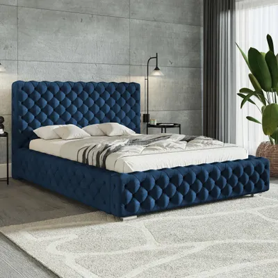 Produktbild von MOTIVENA Dianna Chesterfield Polsterbett 160x200 mit Bettkasten, Metall Lattenrost, Bett 160x200 Blau Samt (Kronos 09)