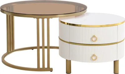 Imagen del producto de Fortuna Lai, juego de 2 mesas redondas para sofá, diseño moderno, color blanco, con tapa de cristal marrón y 2 cajones