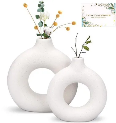 Produktbild von Ibenzoa® Set aus 2 runden Donut-Keramikvasen – moderne & Boho Deko, hohles Design für Trockenblumen, Tisch-, Wohn- und Schlafzimmer