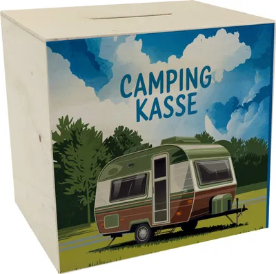 Produktbild von Wohnwagen auf Feld - Camping Kasse Spardose aus Holz