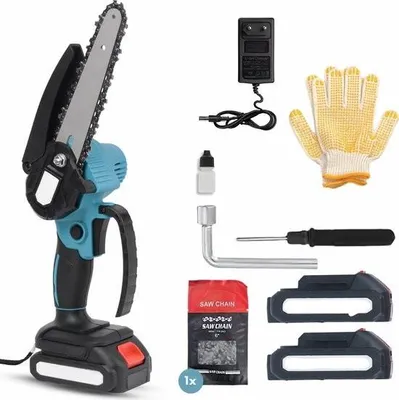 Produktbild von Mini-Kettensäge 21V inkl. 2 LED-Akkus – 15 cm Schnittbreite – inkl. 2 Ketten – Astsäge – Geeignet für Makita-Akkus – Astsäge