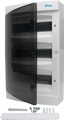 A white electrical distribution box with a dark transparent door is shown against a white background. Mounting hardware is visible at the bottom.