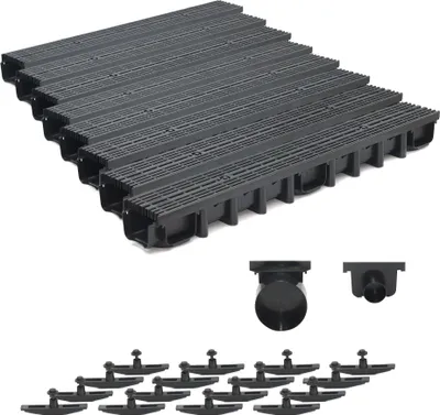 Produktbild von 8m Entwässerungsrinne für modulares System A15 98mm, komplett Stegrost Kunststoff, Schwarz Line