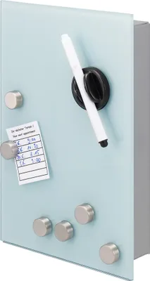 Immagine prodotto di cassetta portachiavi bremermann con frontale in vetro bianco, scrivibile, 8 ganci, 6 magneti, 1 pennarello, 1 porta pennarello, corpo in metallo verniciato a polvere grigio