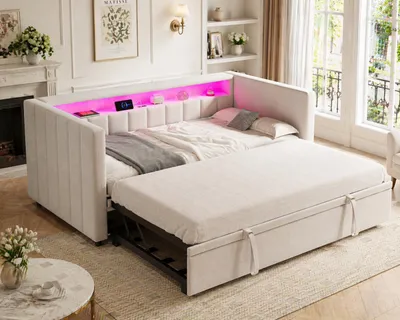 Image de Canapé-lit 90 x 190 cm avec lit gigogne, lit rembourré avec éclairage LED et port USB-C, lit de jour en velours, lit gigogne, lit fonctionnel, lit pour adolescent, lit superposé, canapé-lit, beige